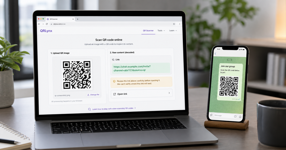 A QR code being inspected on a laptop before opening its destination on a phone.