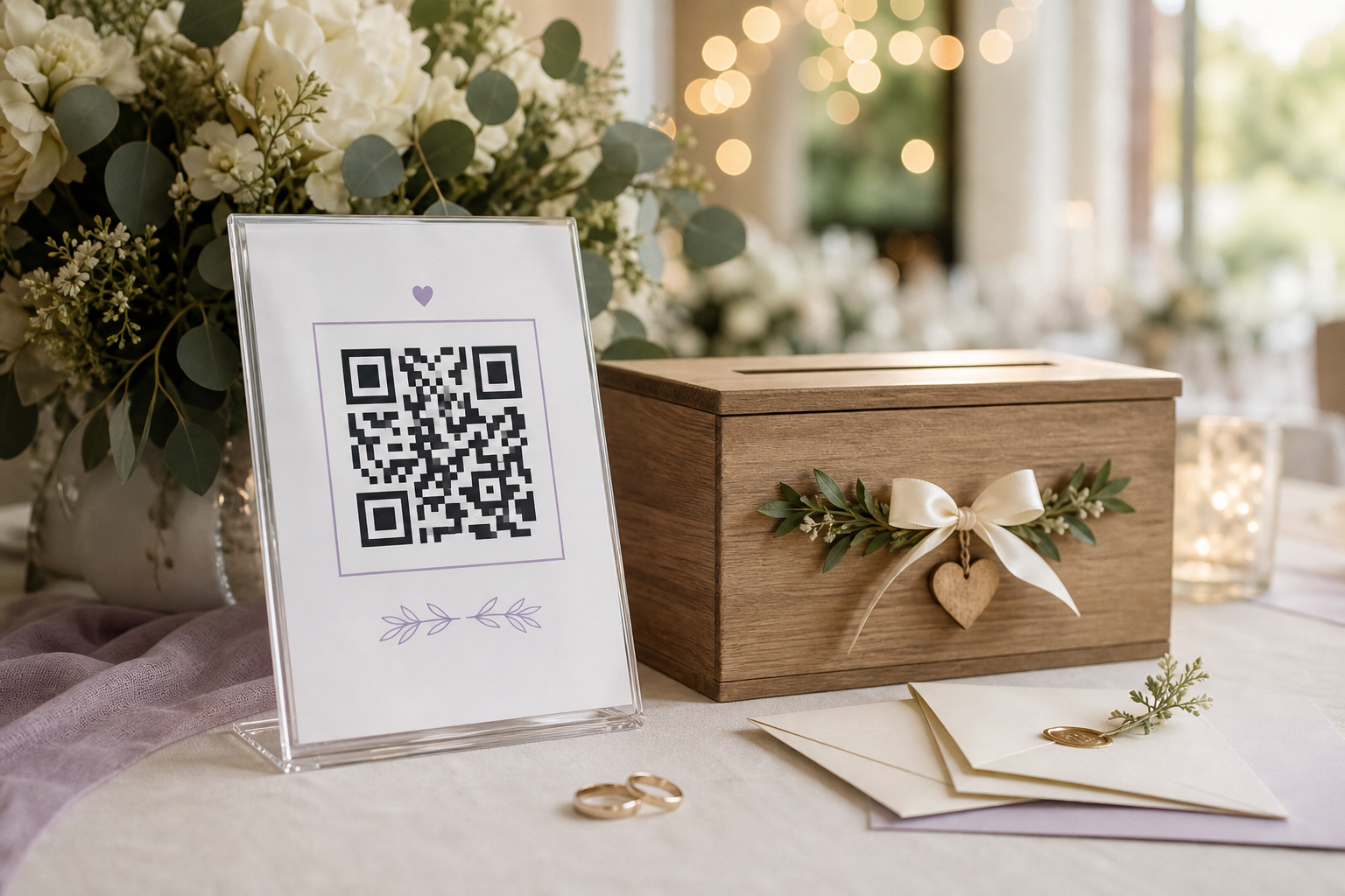 A wedding money-gift QR code displayed beside cards and flowers.