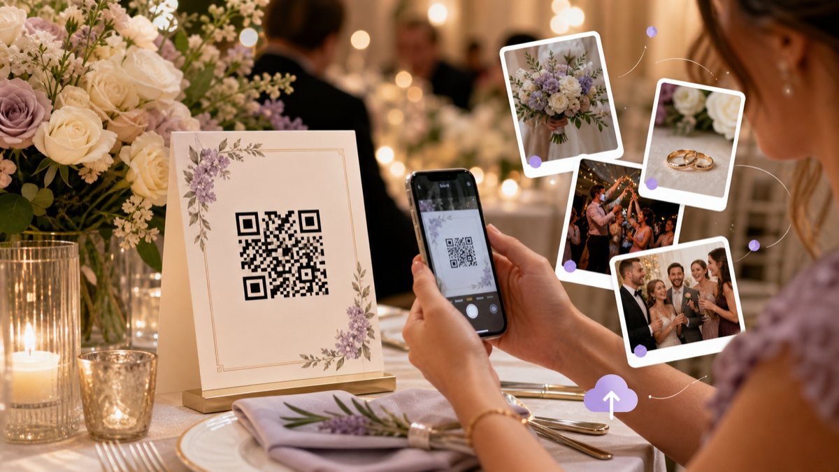 A wedding photo QR code being scanned as guest pictures appear on a phone.