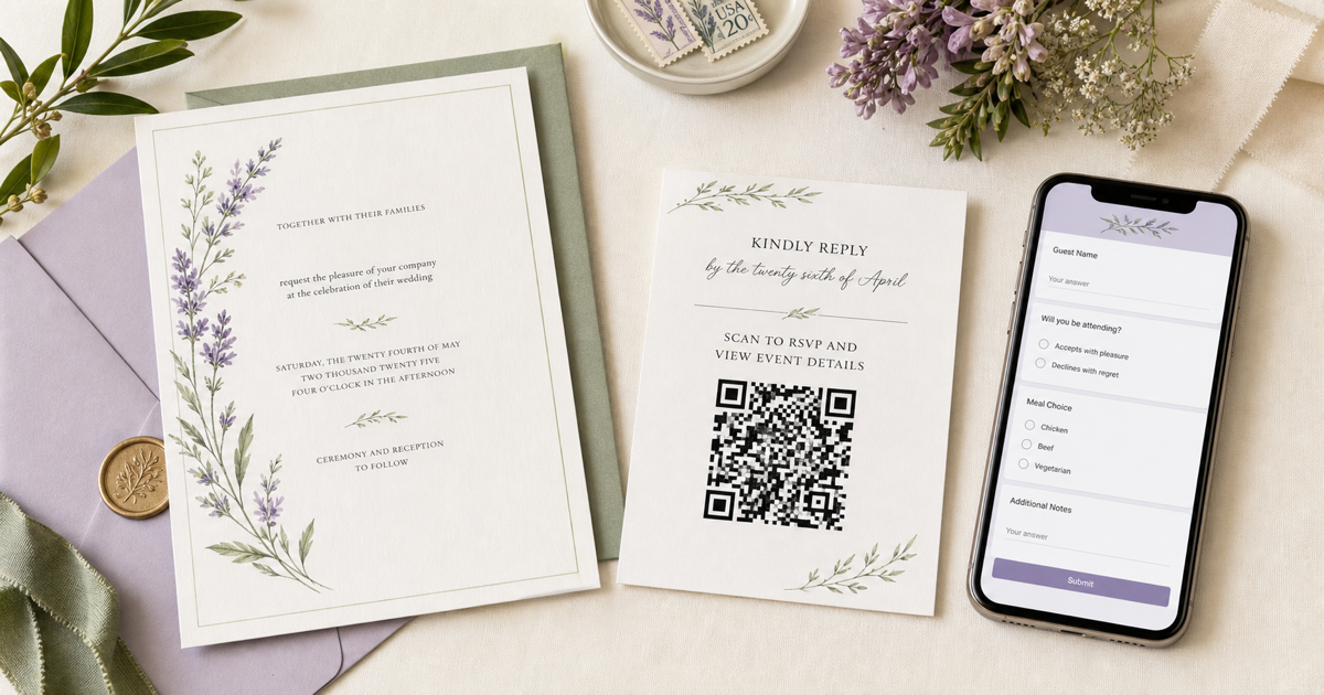 A wedding invitation QR code linked to an RSVP form on a phone.