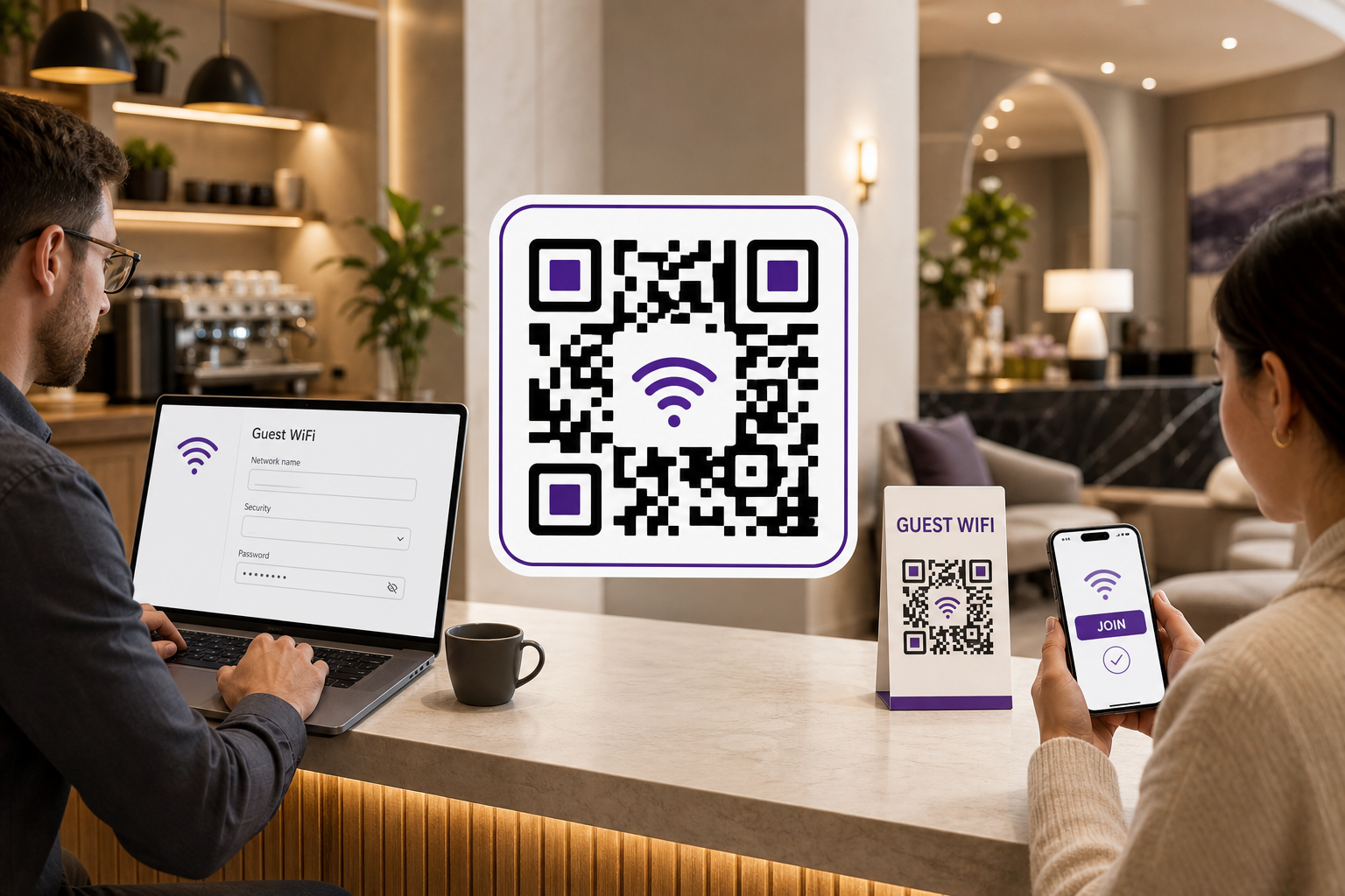 A guest WiFi QR code being created on a laptop and scanned at a cafe.