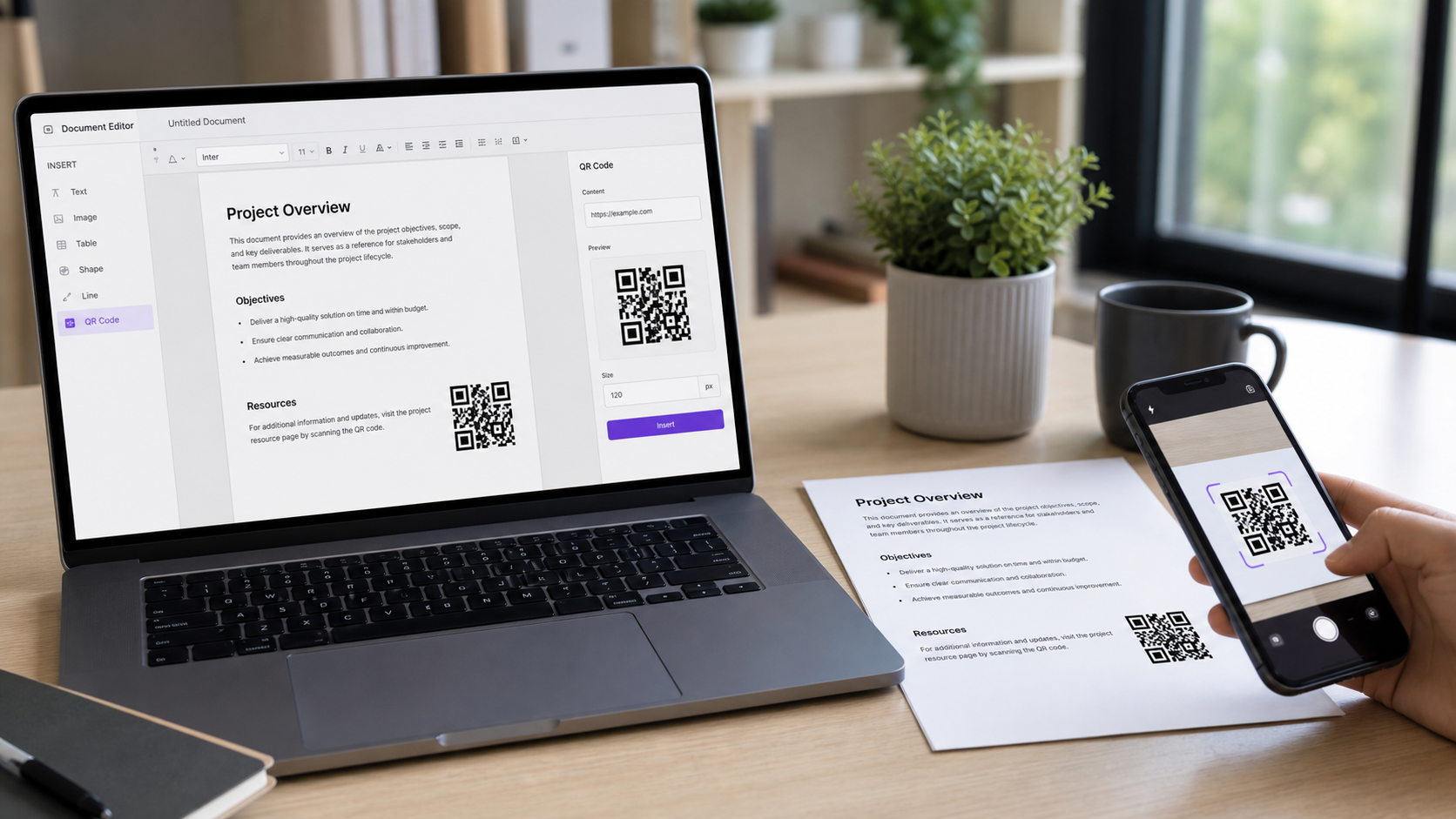 A document on a laptop and printed pages with QR codes being scanned by a phone.