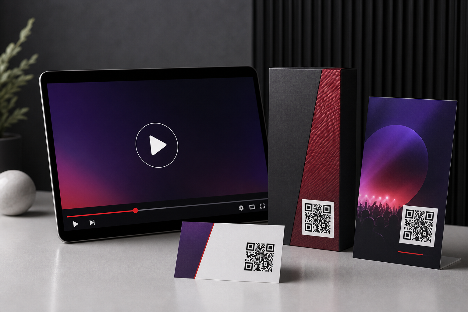 YouTube video QR codes displayed beside a screen playing the linked video.