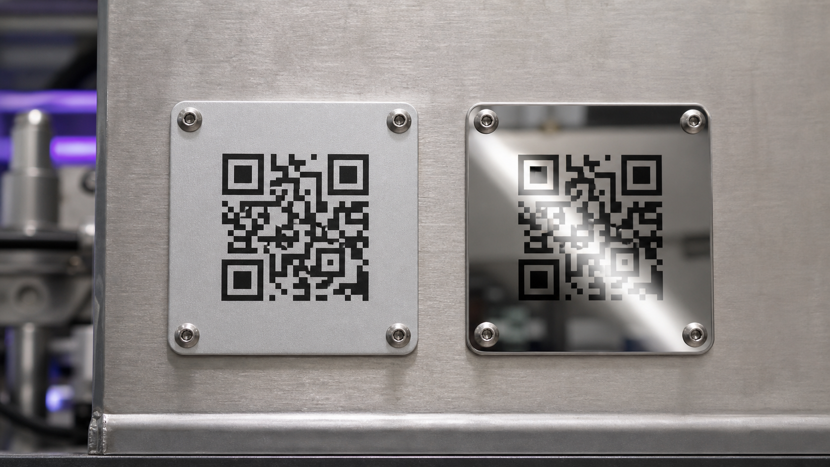 Two mounted metal QR tags compare an evenly lit matte finish with glare across a polished finish.