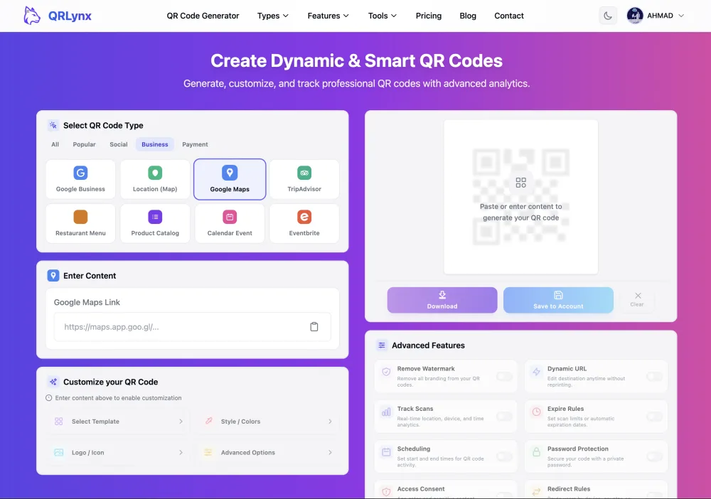 QRLynx QR code generator with Google Maps type selected for creating a review QR code