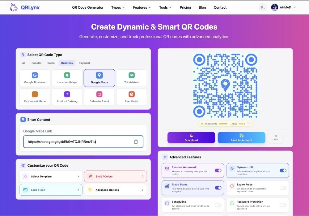QRLynx content field with a Google review link pasted and the QR code preview showing