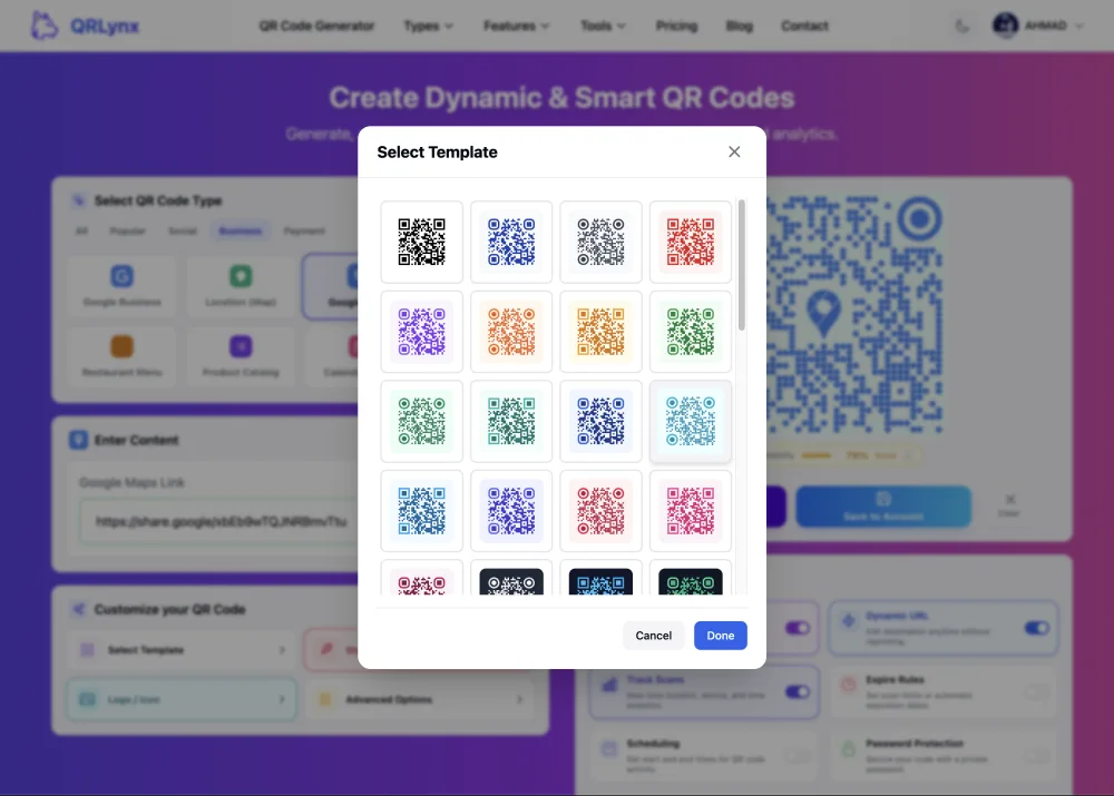 QRLynx design panel with color and style options for a Google review QR code