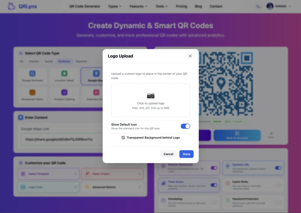 QRLynx logo panel with a Google icon placed in the center of the review QR code