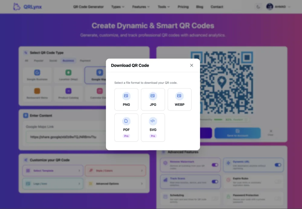 QRLynx download dialog with format options for the Google review QR code