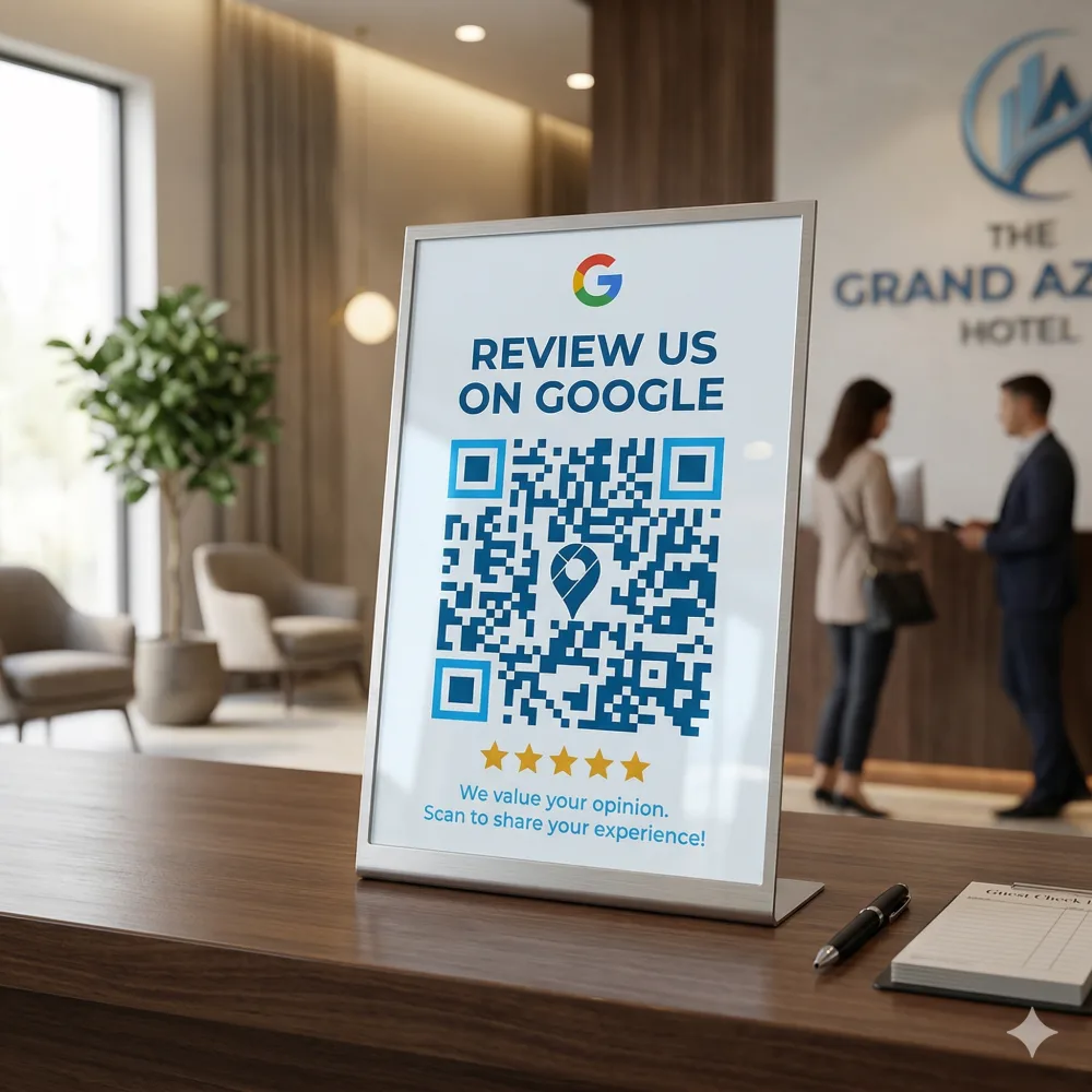 A printed Review Us on Google sign with a QR code displayed at a business counter