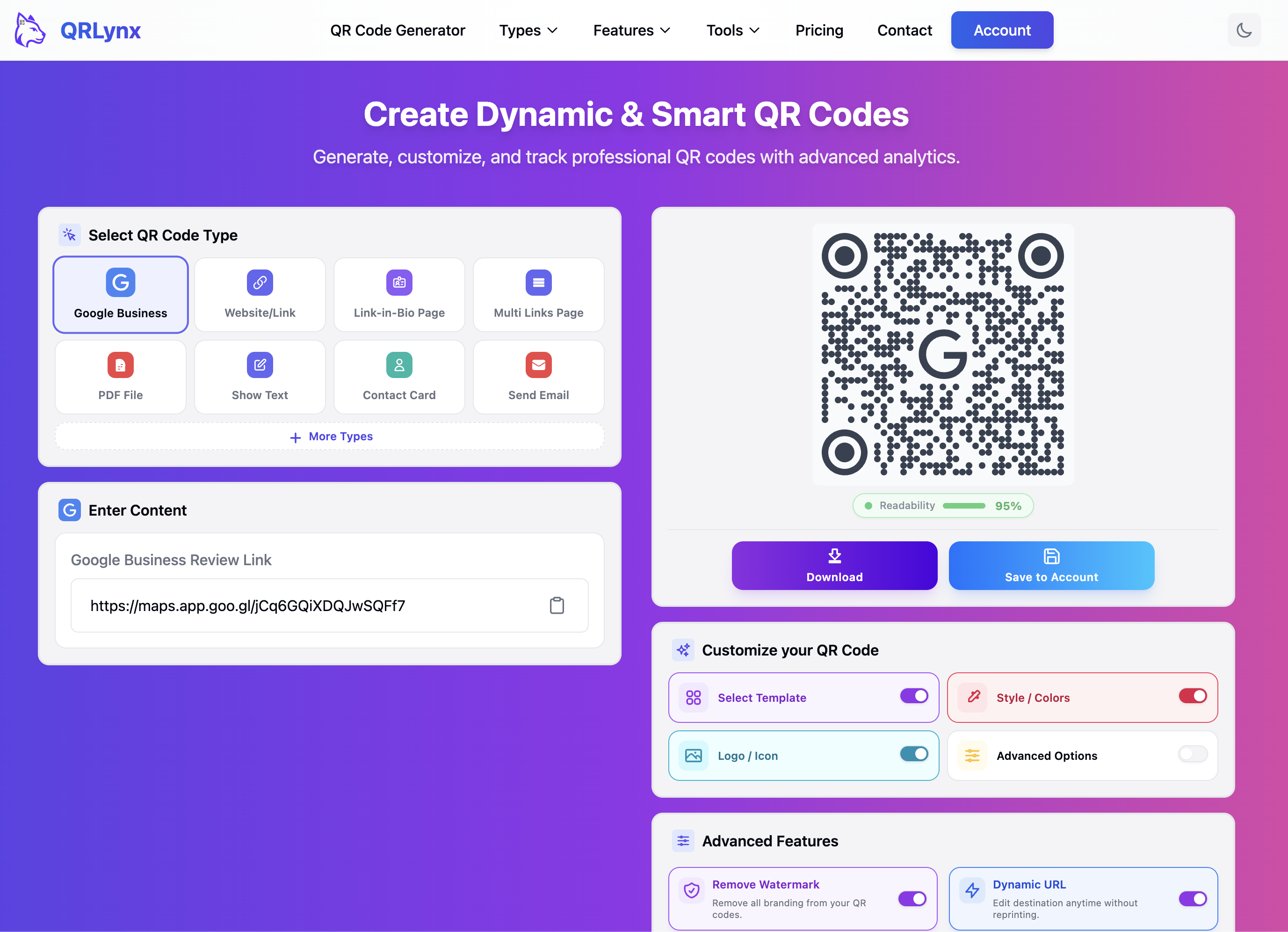 QRLynx customization showing dark blue Google Review QR code with Google G logo, template and logo toggles enabled, 93% readability
