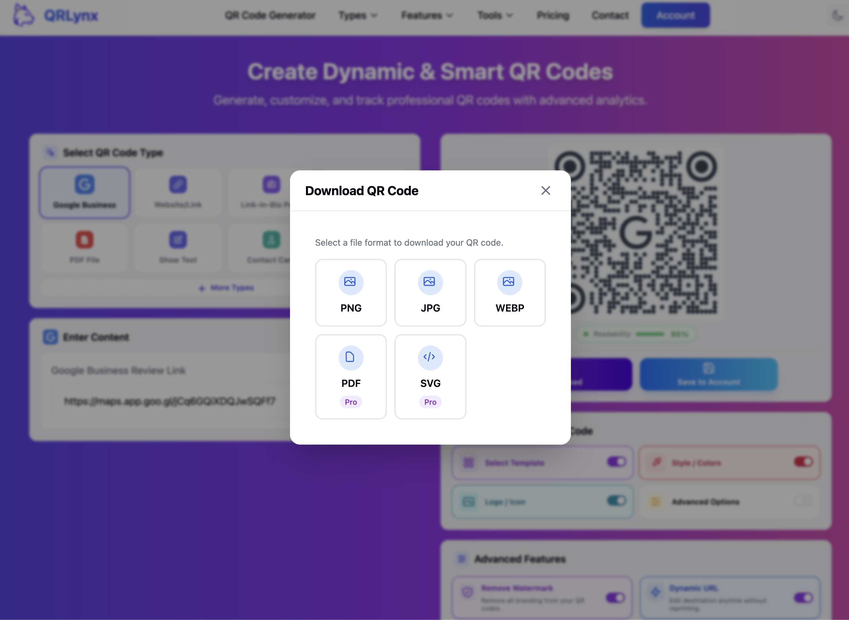 QRLynx download modal showing file format options: PNG, JPG, WEBP free and PDF, SVG for Pro plan