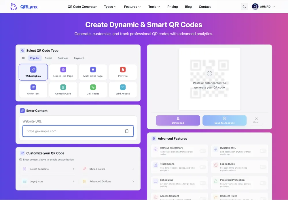 QRLynx homepage showing the free QR code generator ready to use