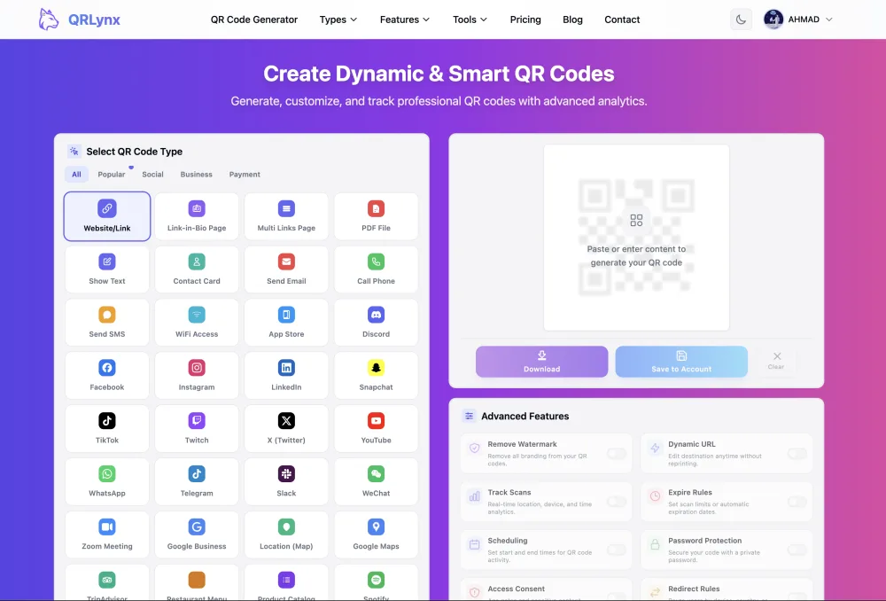 QRLynx type selector showing 39+ QR code types including URL, WiFi, vCard, PDF, and social media