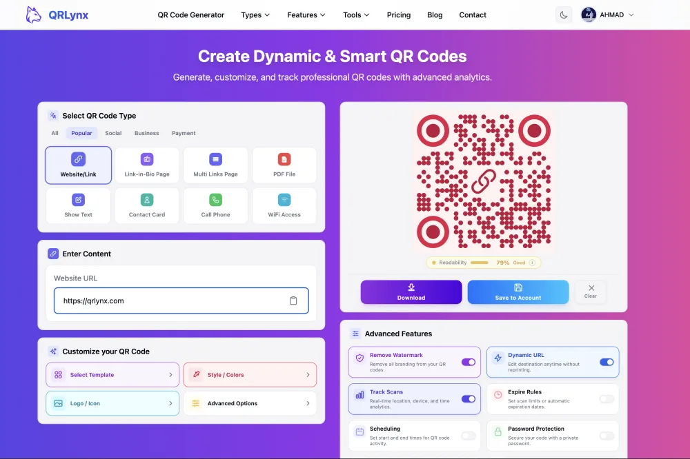 QRLynx content input field with a URL entered and the QR code preview updating in real-time