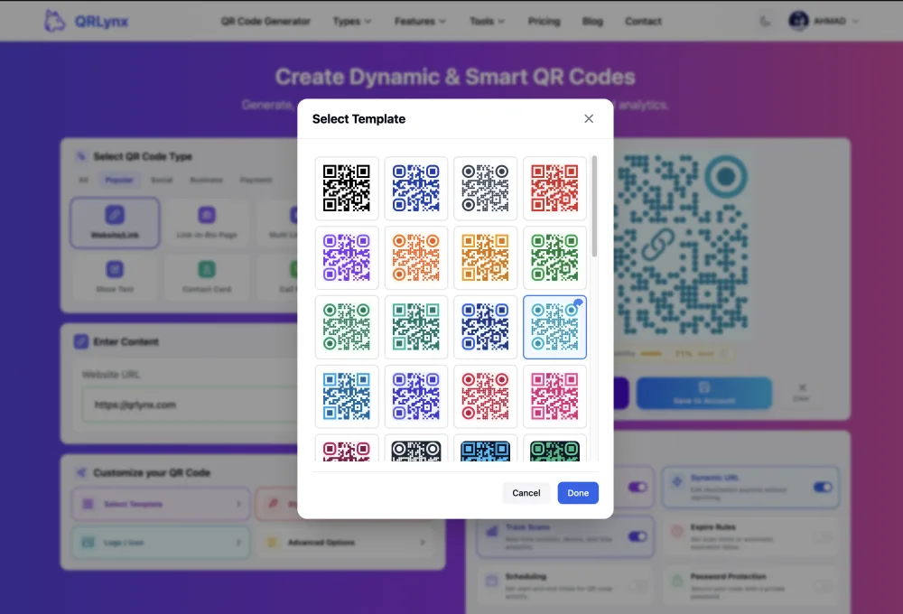 QRLynx design customization panel with color templates, dot styles, and a live readability score