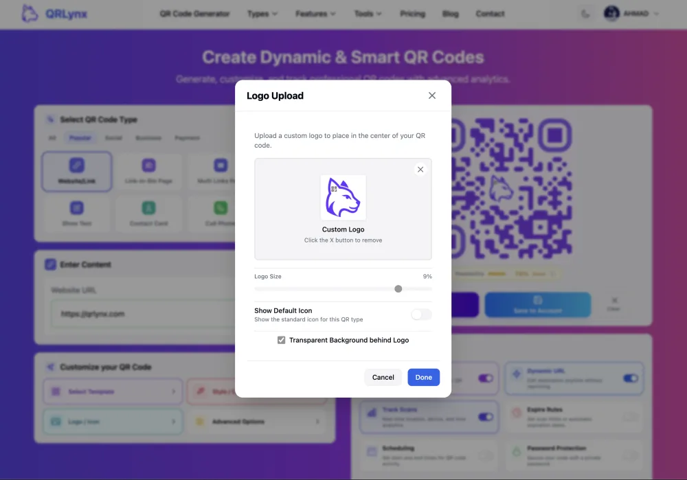 QRLynx logo upload panel showing a company logo placed in the center of the QR code