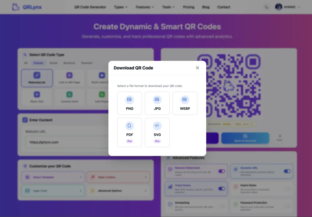 QRLynx download dialog showing format options including PNG, JPG, SVG, and PDF