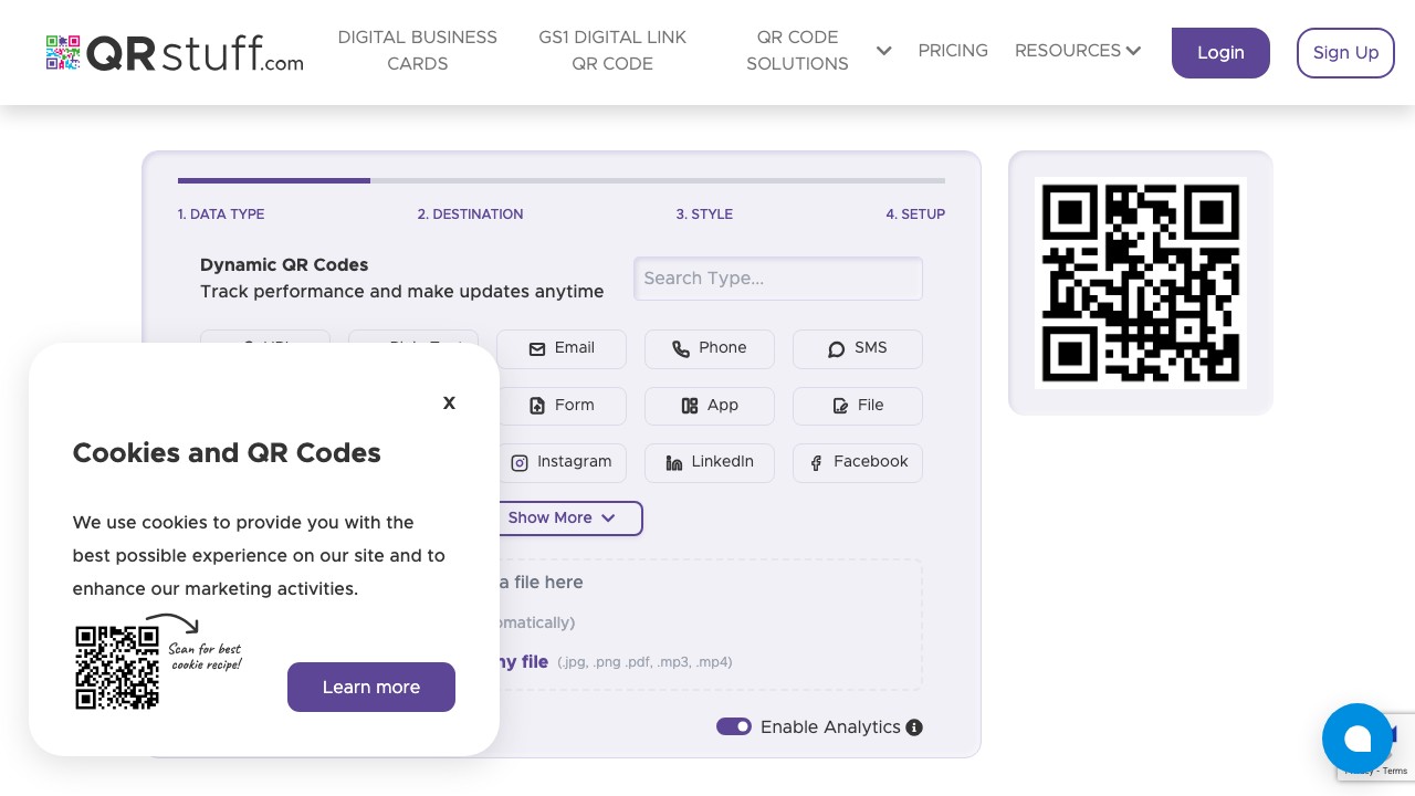 QRStuff QR code generator with 25+ data types including calendar and SMS