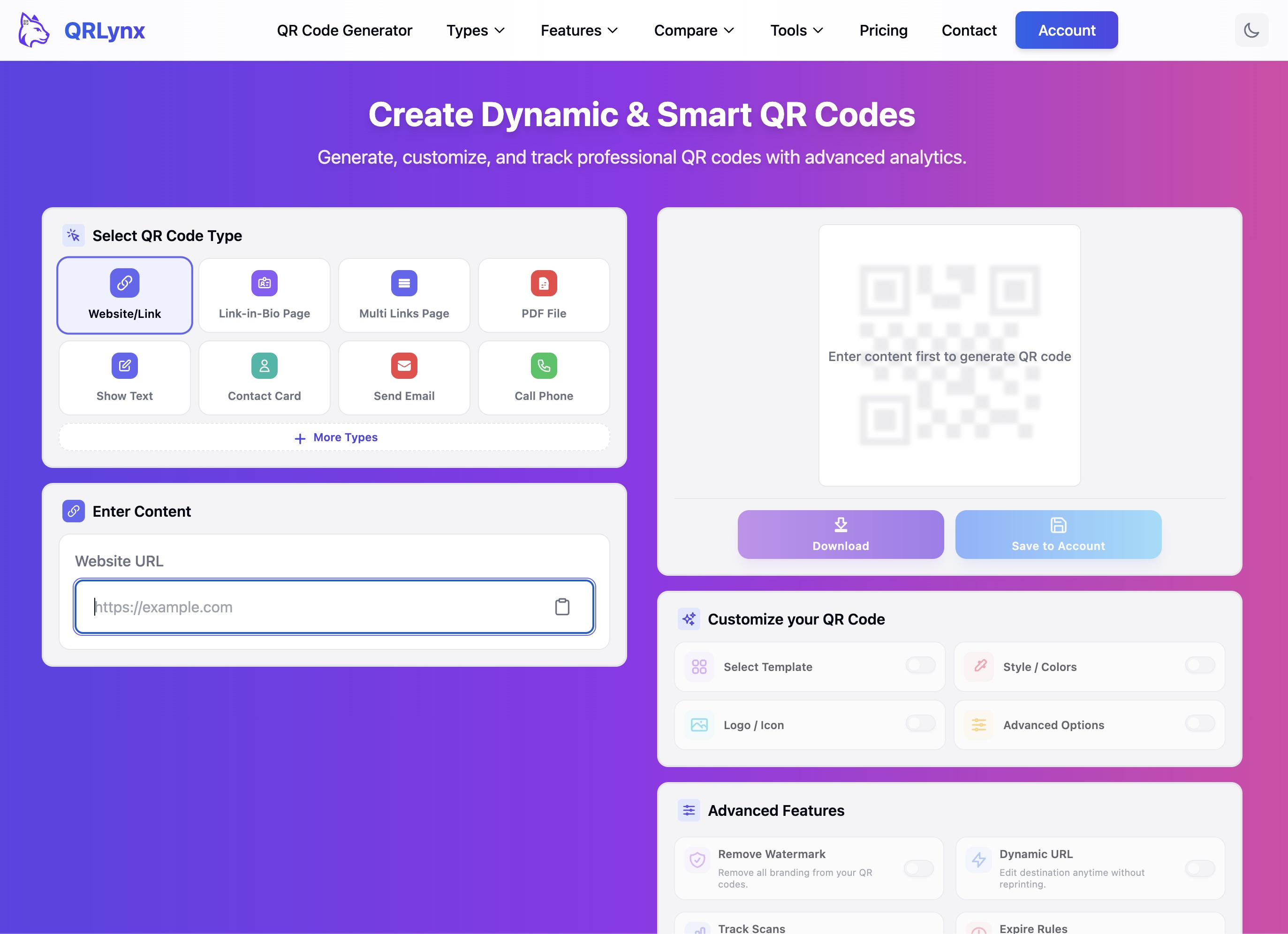 QRLynx QR code generator showing QR code type selection grid with Website/Link selected