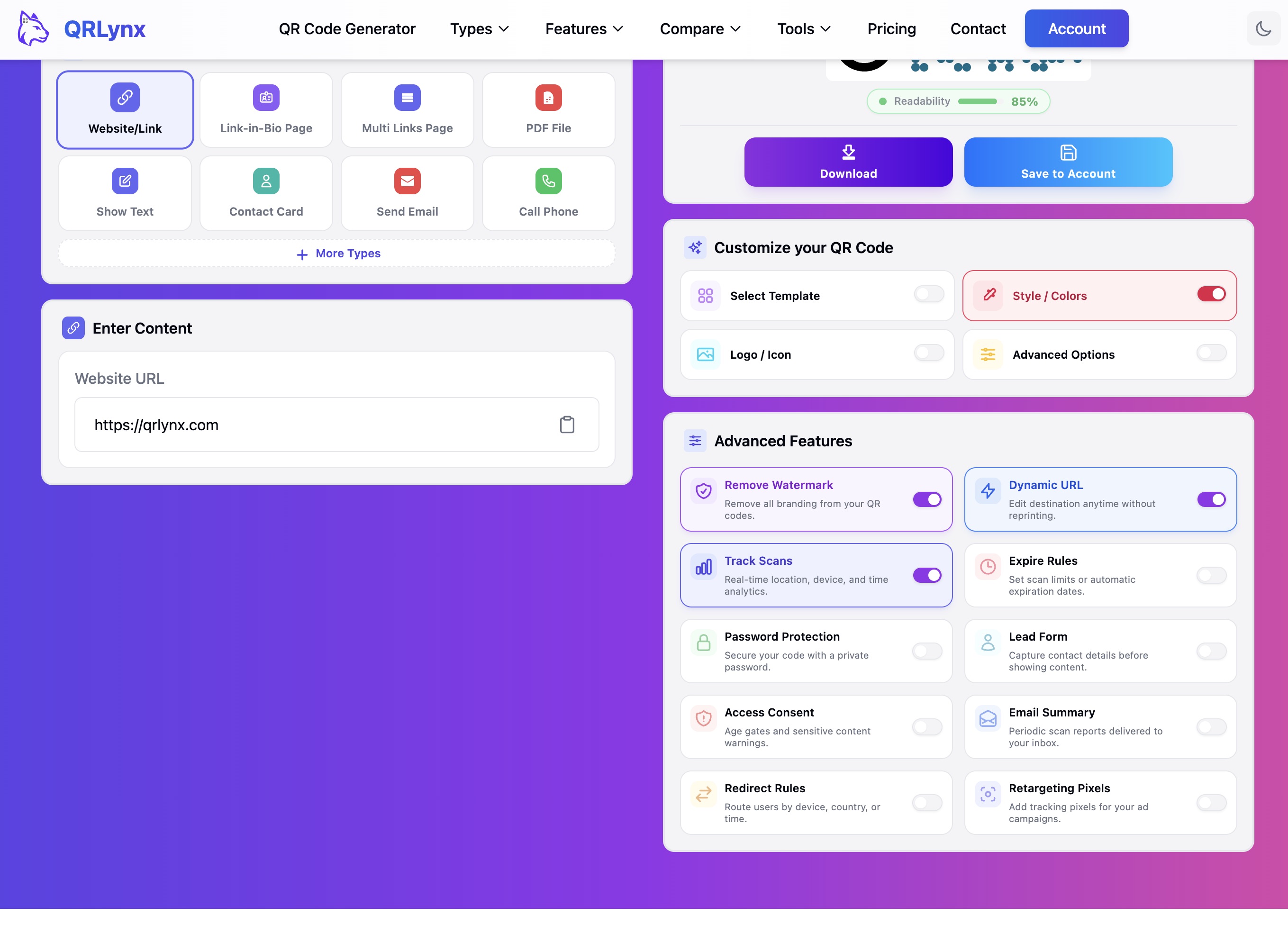QRLynx Advanced Features panel showing Dynamic URL, Track Scans, Remove Watermark toggles and more options