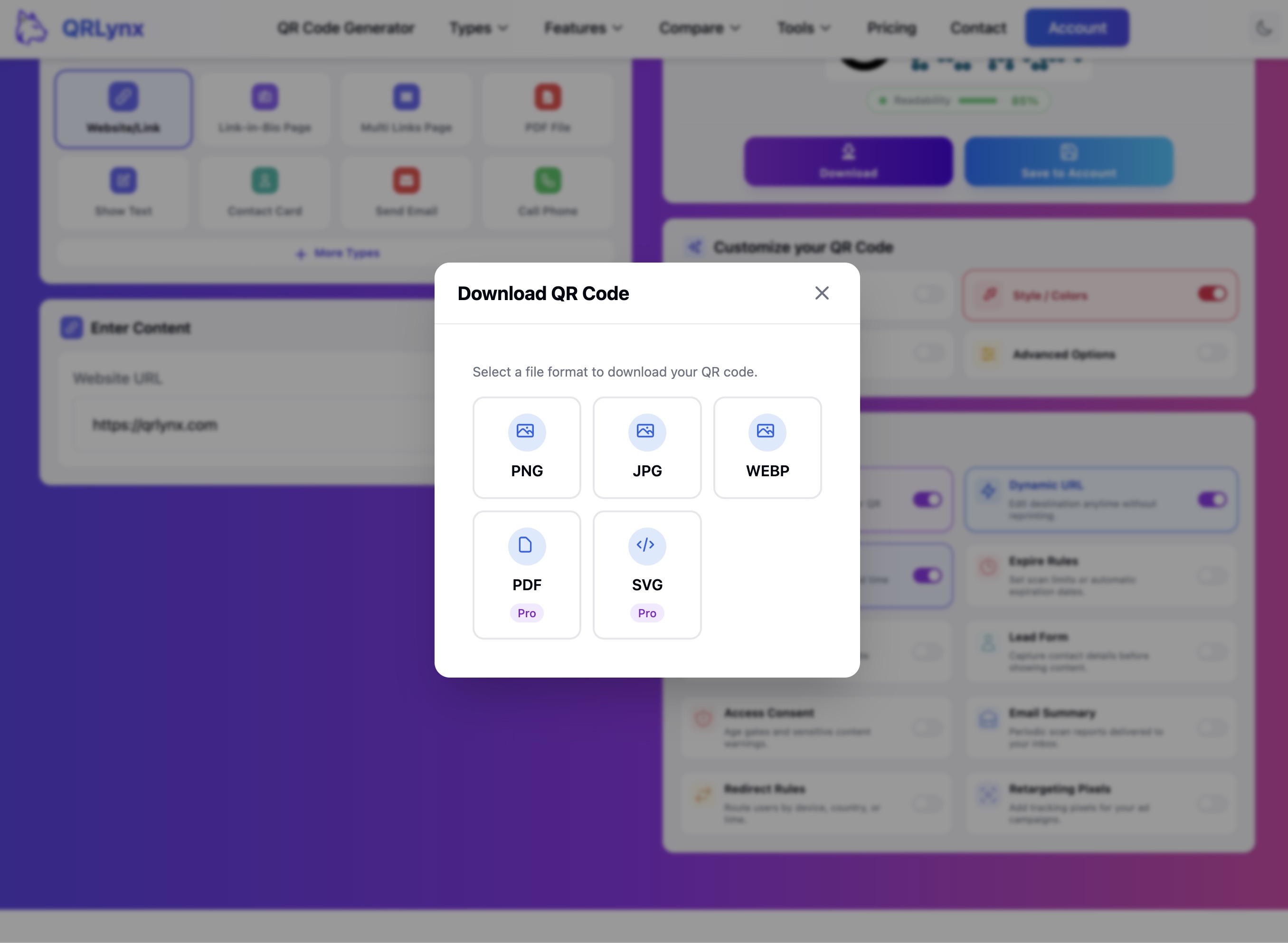 QRLynx Download QR Code modal showing PNG, JPG, WEBP, PDF, and SVG format options