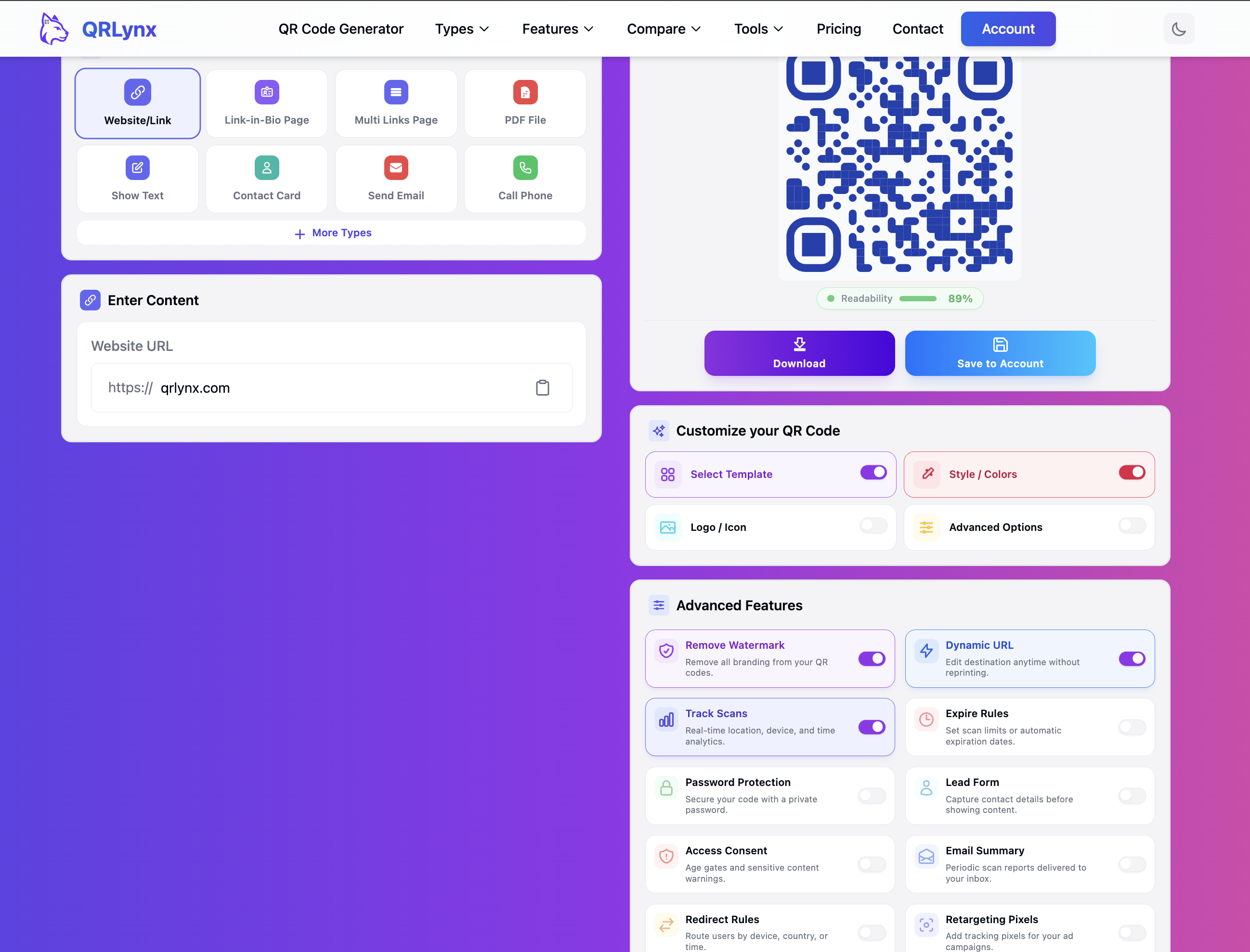 QRLynx QR code generator showing Advanced Features with Dynamic URL and Track Scans toggles enabled