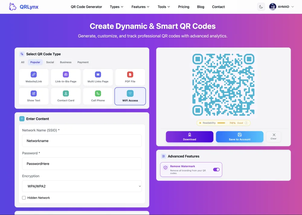 QRLynx WiFi QR code form showing SSID, password, and WPA2 encryption type fields filled in