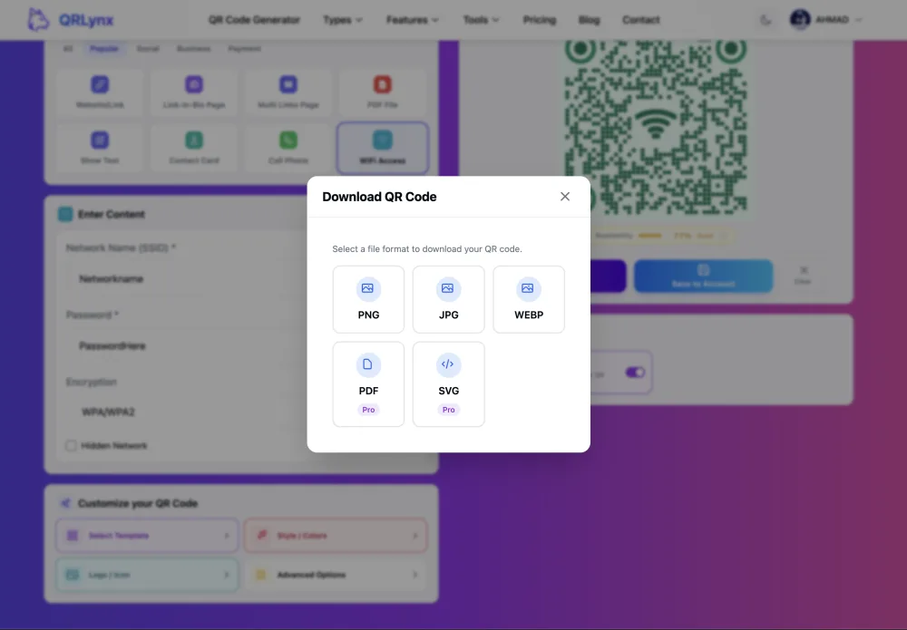 QRLynx download dialog showing PNG, JPG, SVG, and PDF format options for the WiFi QR code