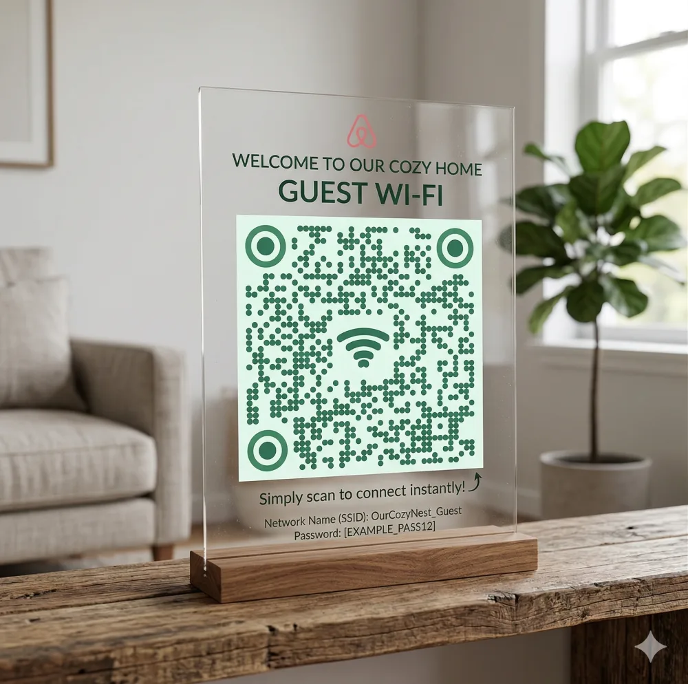 A printed WiFi QR code sign displayed in an Airbnb property for guests to scan and connect