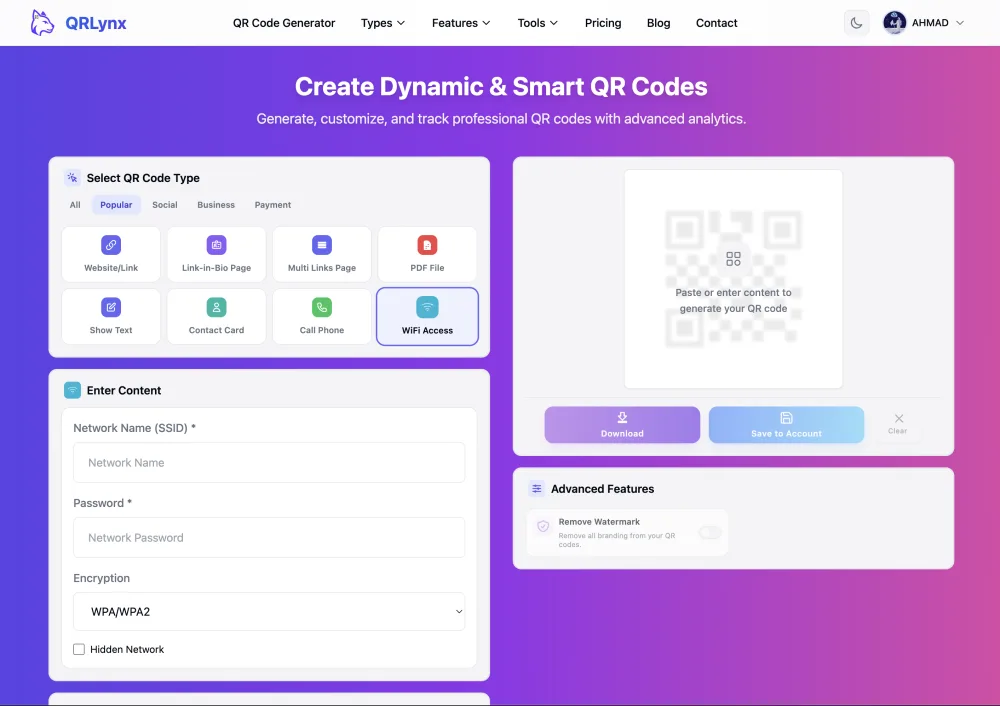 QRLynx QR code generator with WiFi Access type selected for creating a restaurant WiFi QR code