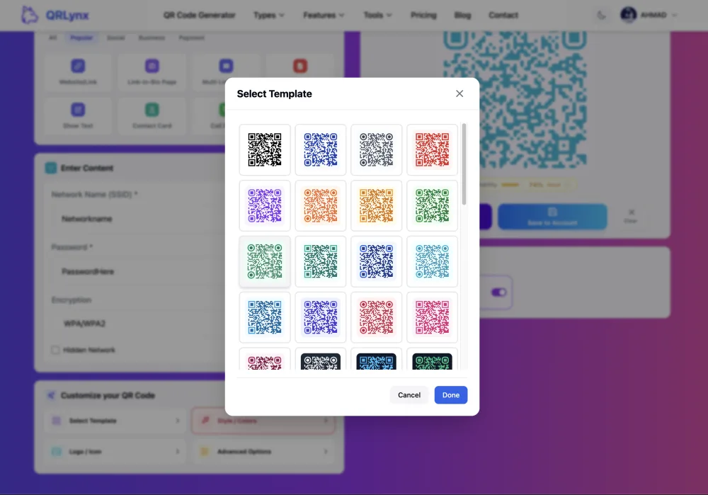 QRLynx design customization showing color templates and dot styles for a restaurant WiFi QR code