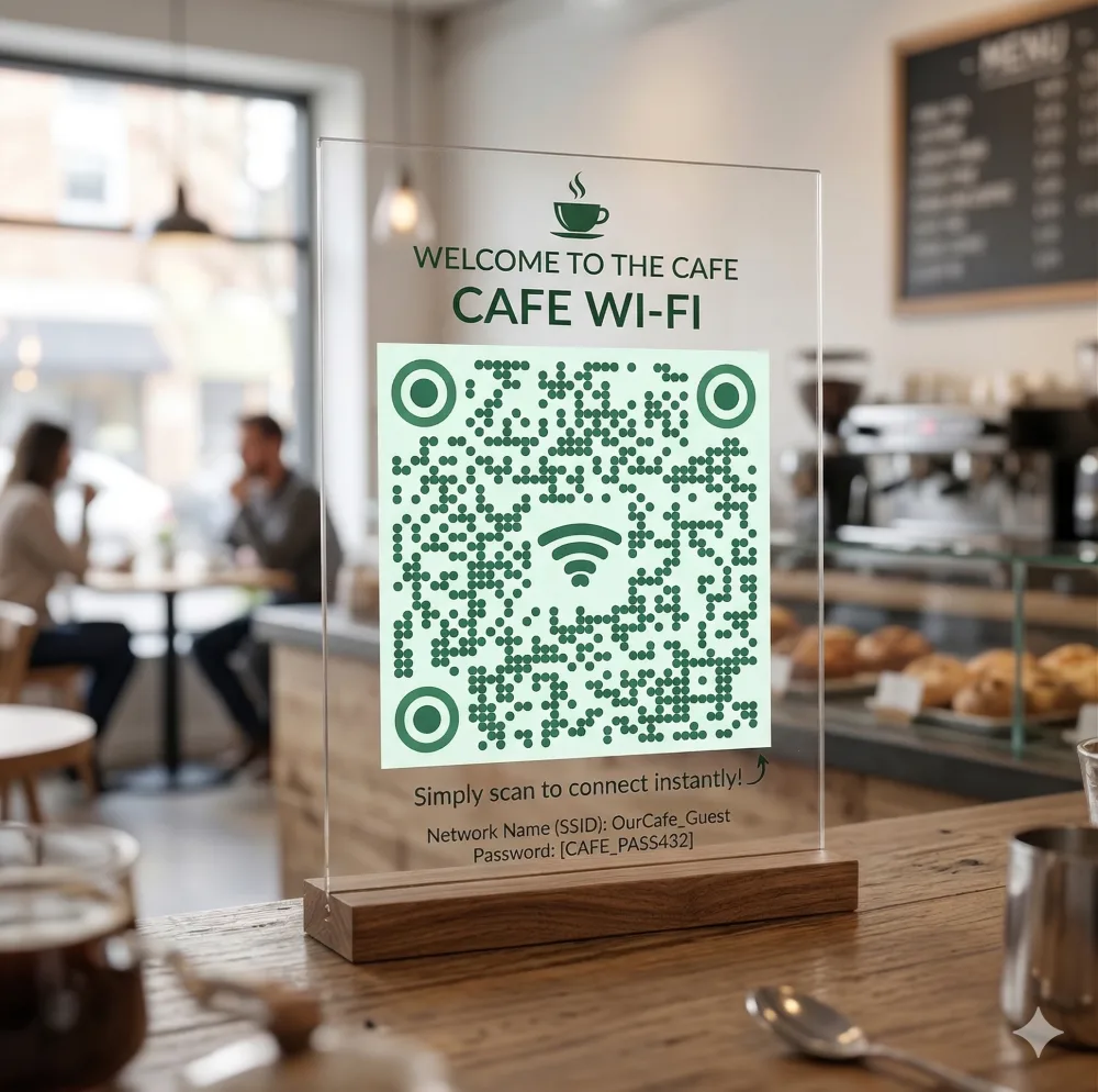A WiFi QR code sign displayed on a cafe table for customers to scan and connect to free WiFi
