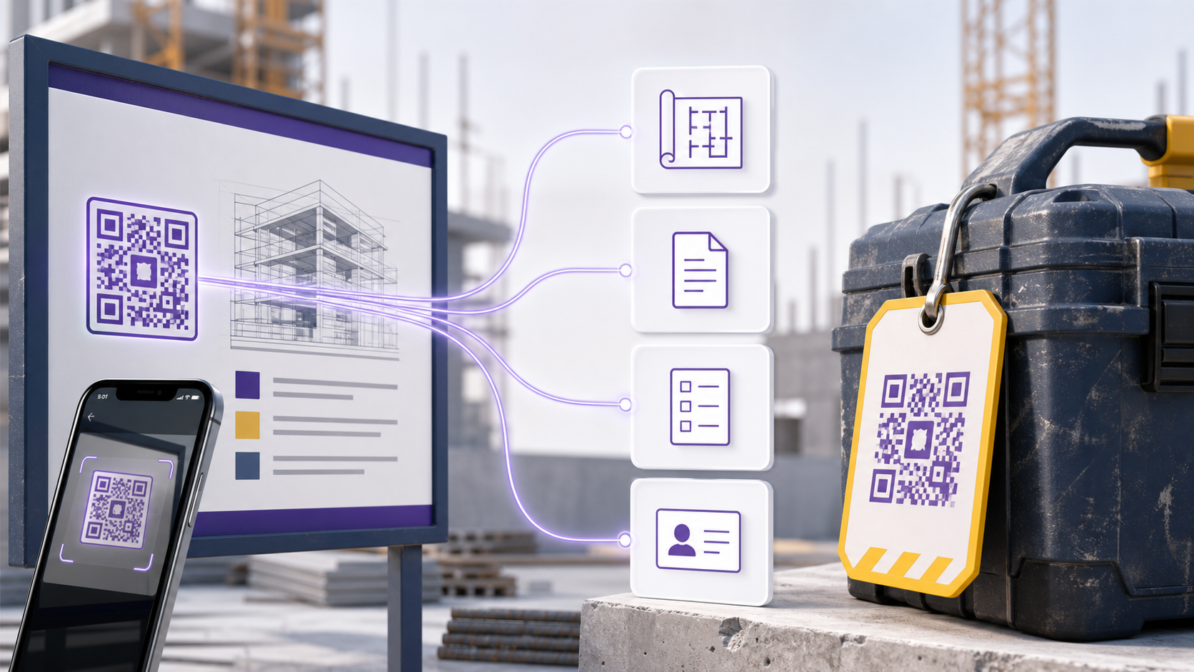A construction site board and equipment tag connect QR codes to approved drawings, documents, forms, and contacts.