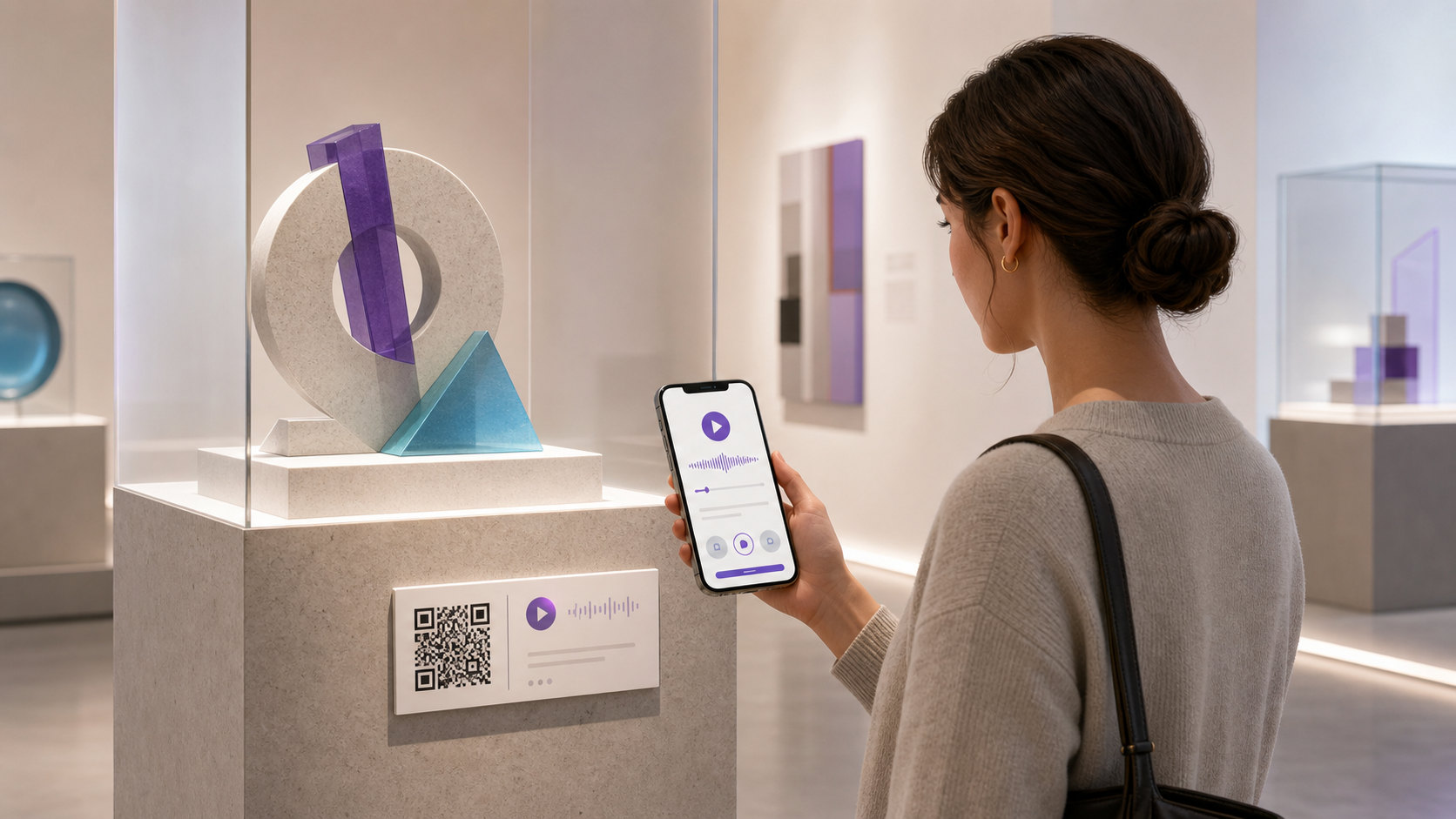 A museum visitor scans a labeled exhibit QR code that opens an audio and language resource on a phone.