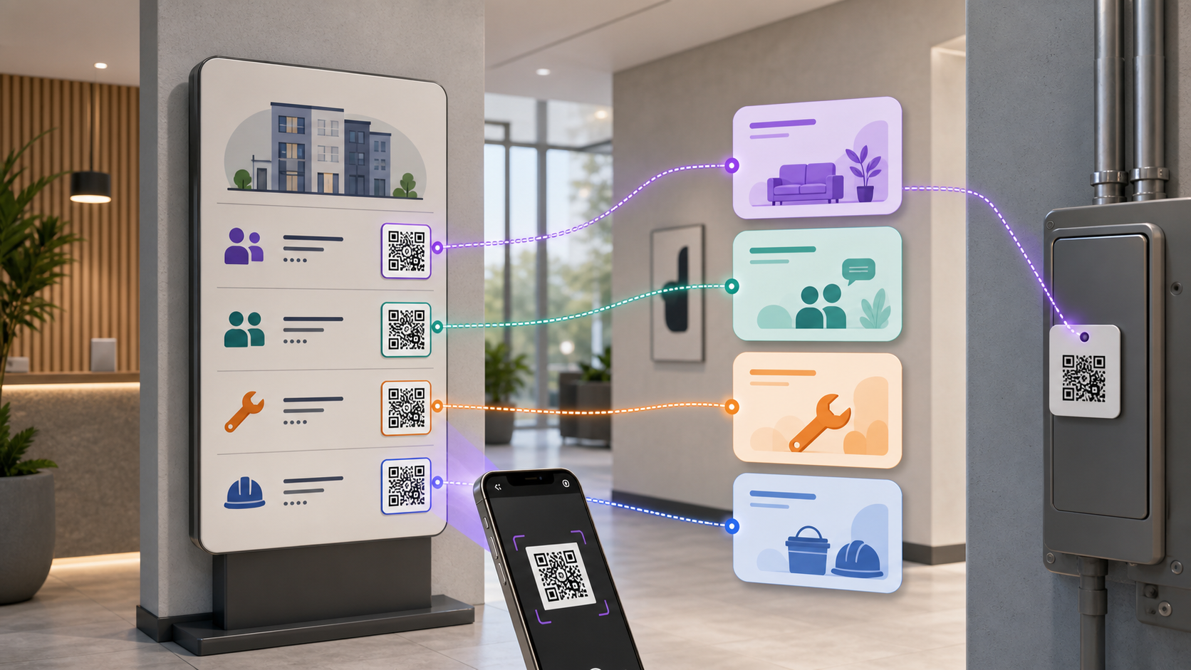 A property lobby board and equipment tag connect QR codes to tenant, visitor, maintenance, and staff resources.
