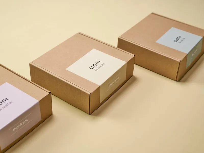 Three minimalist cardboard packages on a yellow background — typical retail packaging where QR codes now carry product, traceability, and regulatory information.