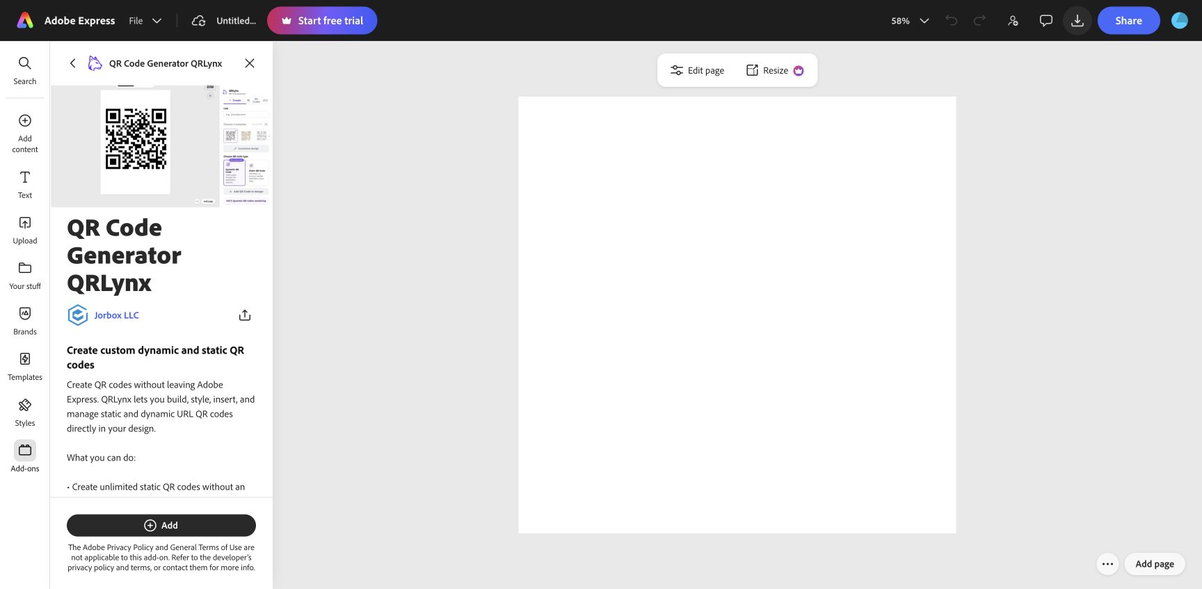 The published QR Code Generator QRLynx add-on open beside an Adobe Express design canvas.