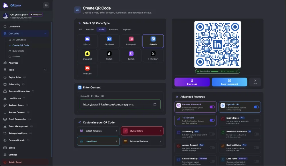 QRLynx QR code creator with dark theme showing custom design options, color picker, and live QR code preview
