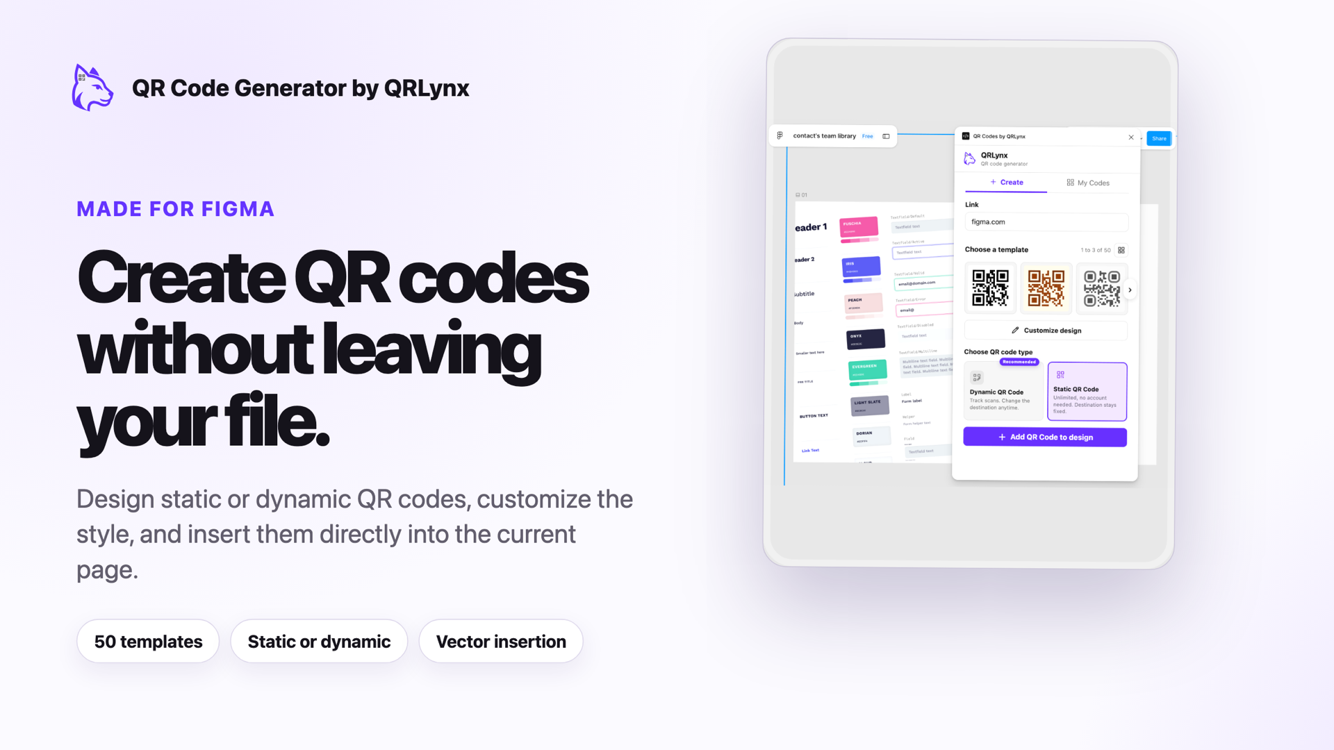 The QRLynx Figma plugin beside a design canvas, showing QR templates and static or dynamic mode choices.