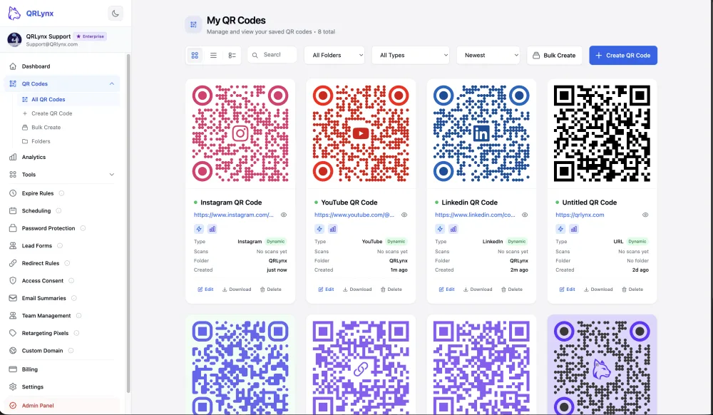 QRLynx account showing list of created QR codes with scan counts, types, creation dates, and management actions