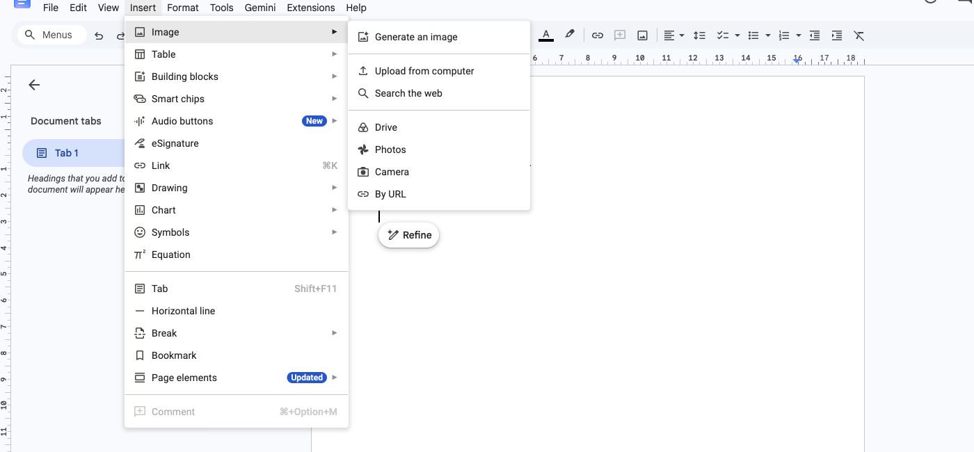 Google Docs Insert menu with Image and Upload from computer selected.