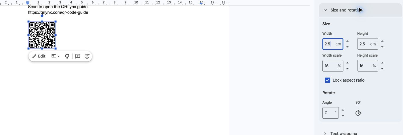 Google Docs showing a square QR image with width and height set to 2.5 cm and Lock aspect ratio selected.
