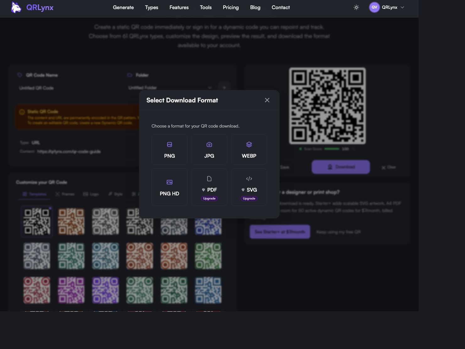 QRLynx download dialog showing PNG and other available QR image formats.