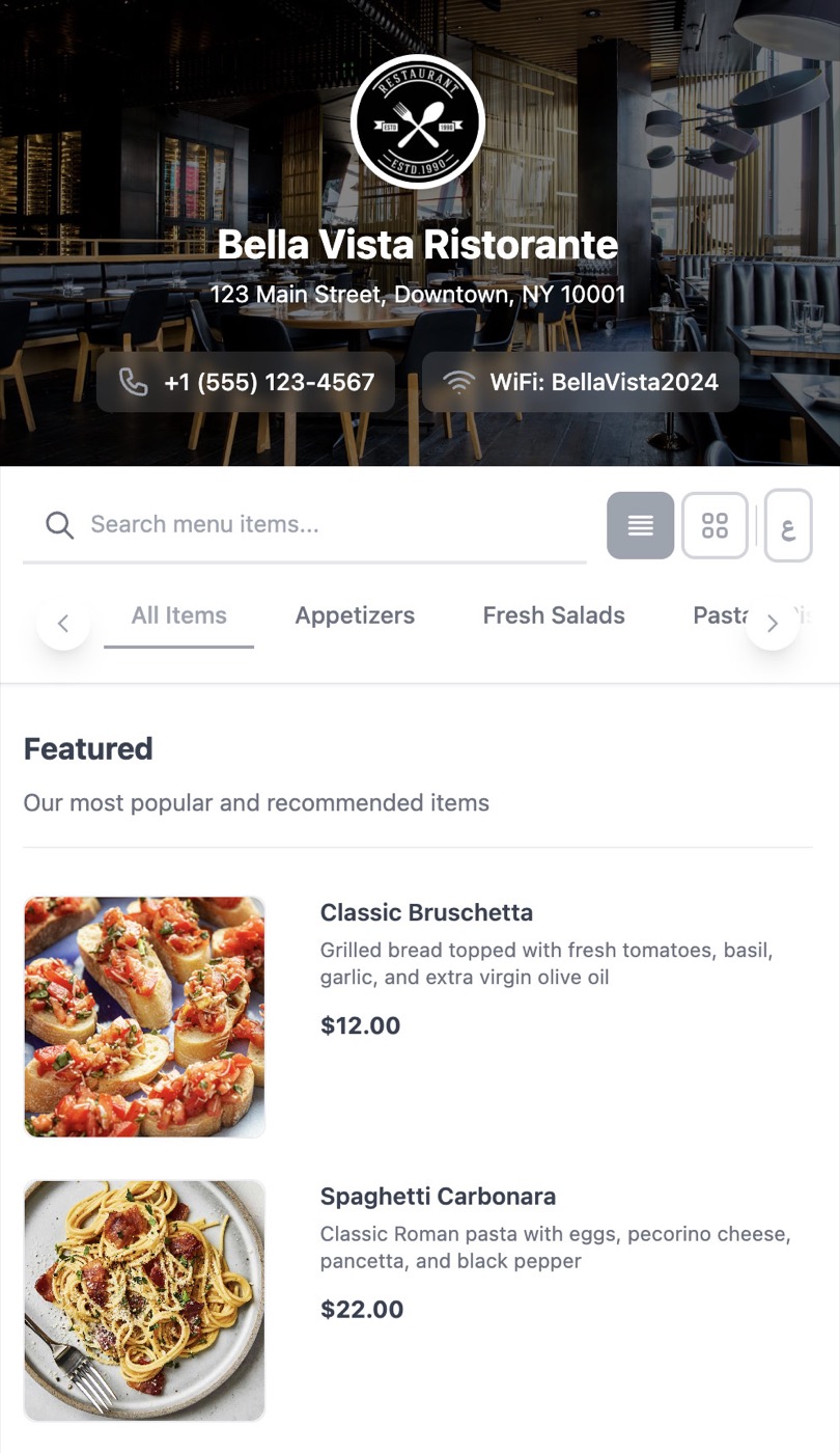 QRlynx demo menu opened on phone with sample dishes
